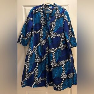 ZURI Blue Leaf-Print Swing Dress -  POCKETS!